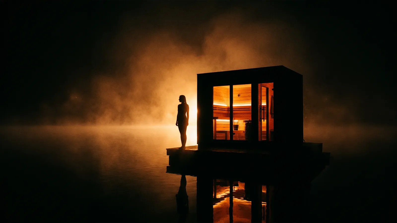 Sauna cube nordique installé dans un cadre forestier paisible