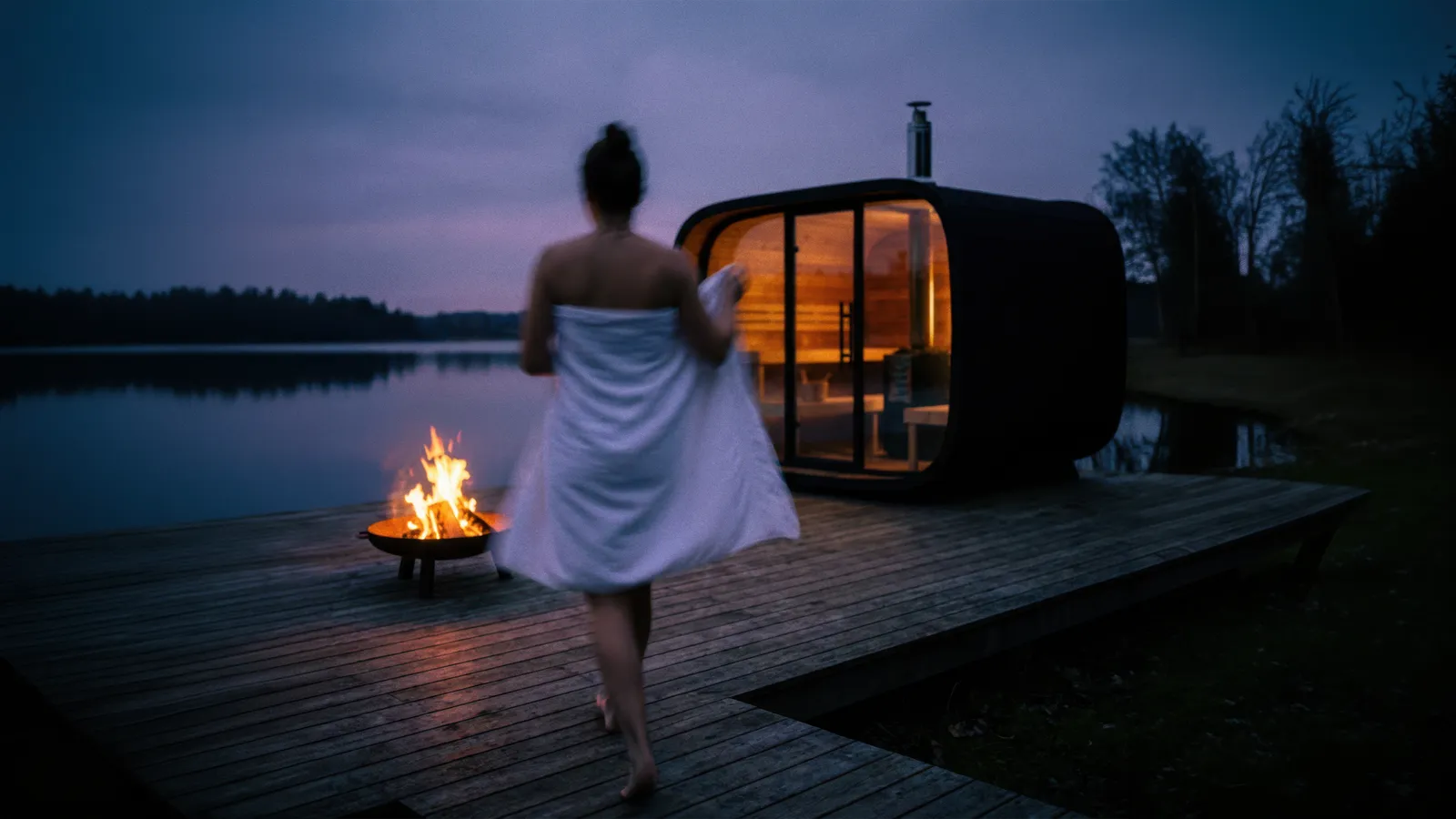 Sauna extérieur en bois sombre et verre, intégré à un environnement naturel