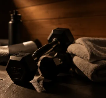 Récupération musculaire au sauna : haltères et serviette dans une cabine en bois nordique