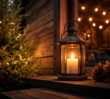 Rituel et convivialité : lanterne et lumières chaudes sur une terrasse de sauna