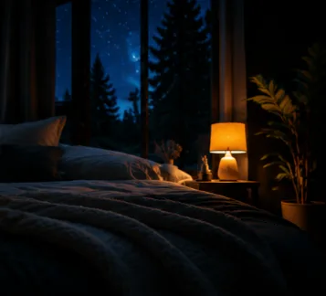Sommeil profond après le sauna : chambre apaisante face à un ciel étoilé le soir